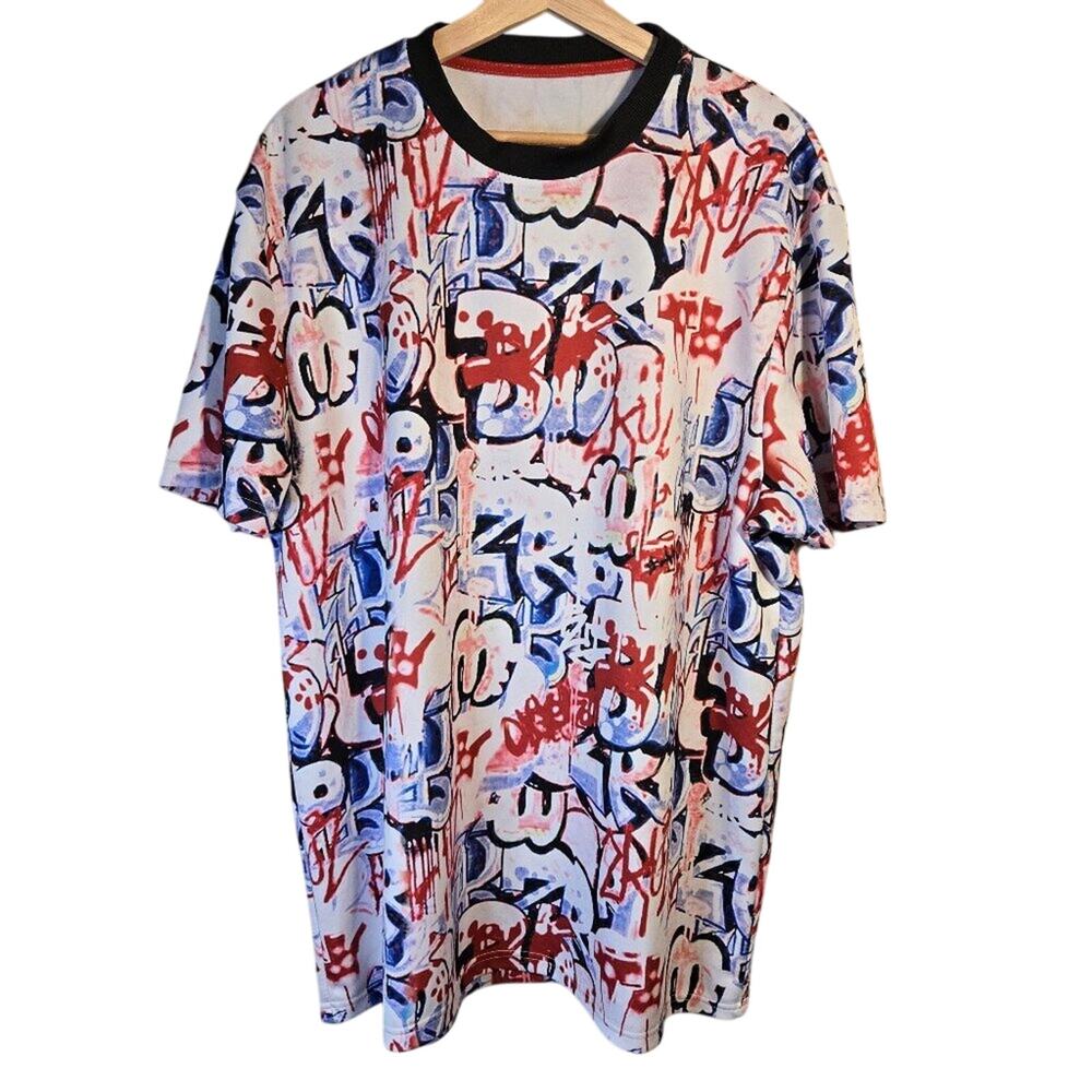 XL Red/White/Blue Graffiti Print Graphic T-Shirt [0358]